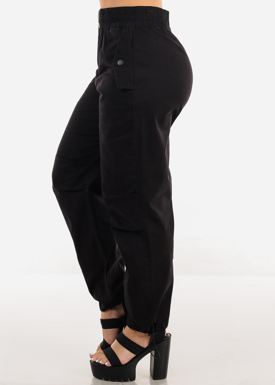 Black High Waist Knee Pleats Parachute Jogger Pants