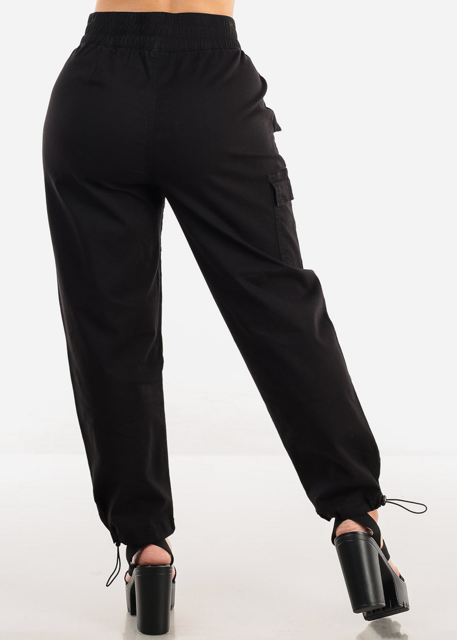 Black High Waist Knee Pleats Parachute Jogger Pants