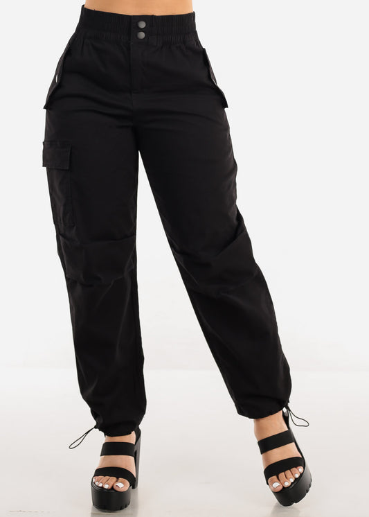 Black High Waist Knee Pleats Parachute Jogger Pants