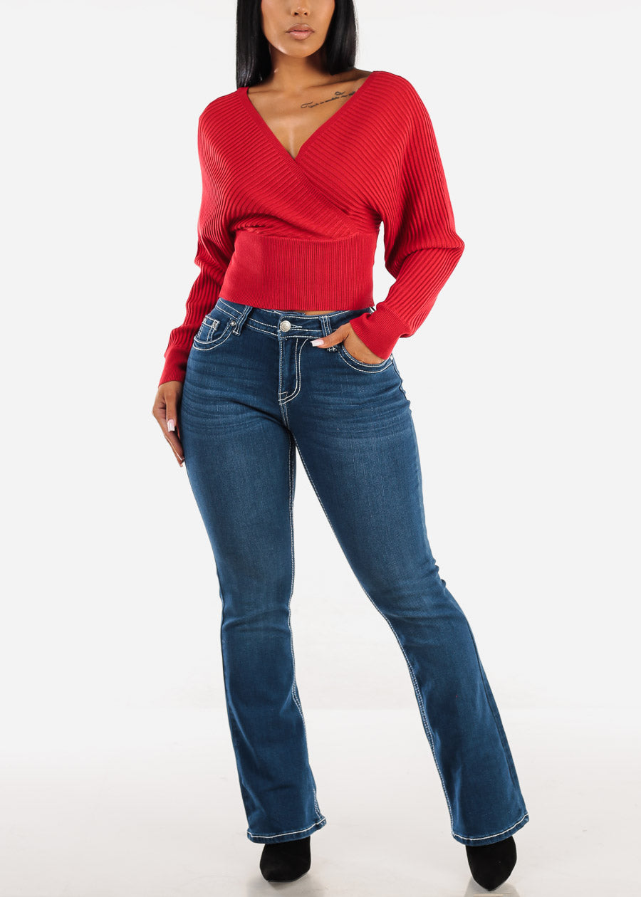 Long Sleeve Surplice Knit Sweater Top Red