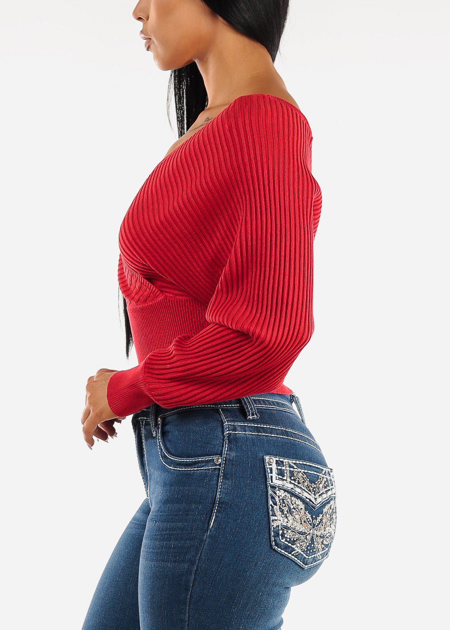 Long Sleeve Surplice Knit Sweater Top Red