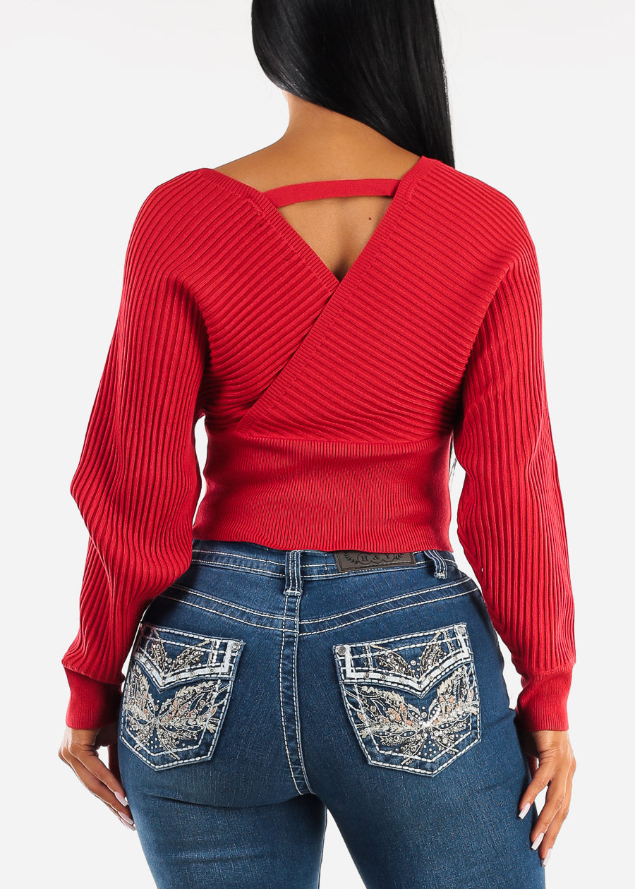 Long Sleeve Surplice Knit Sweater Top Red