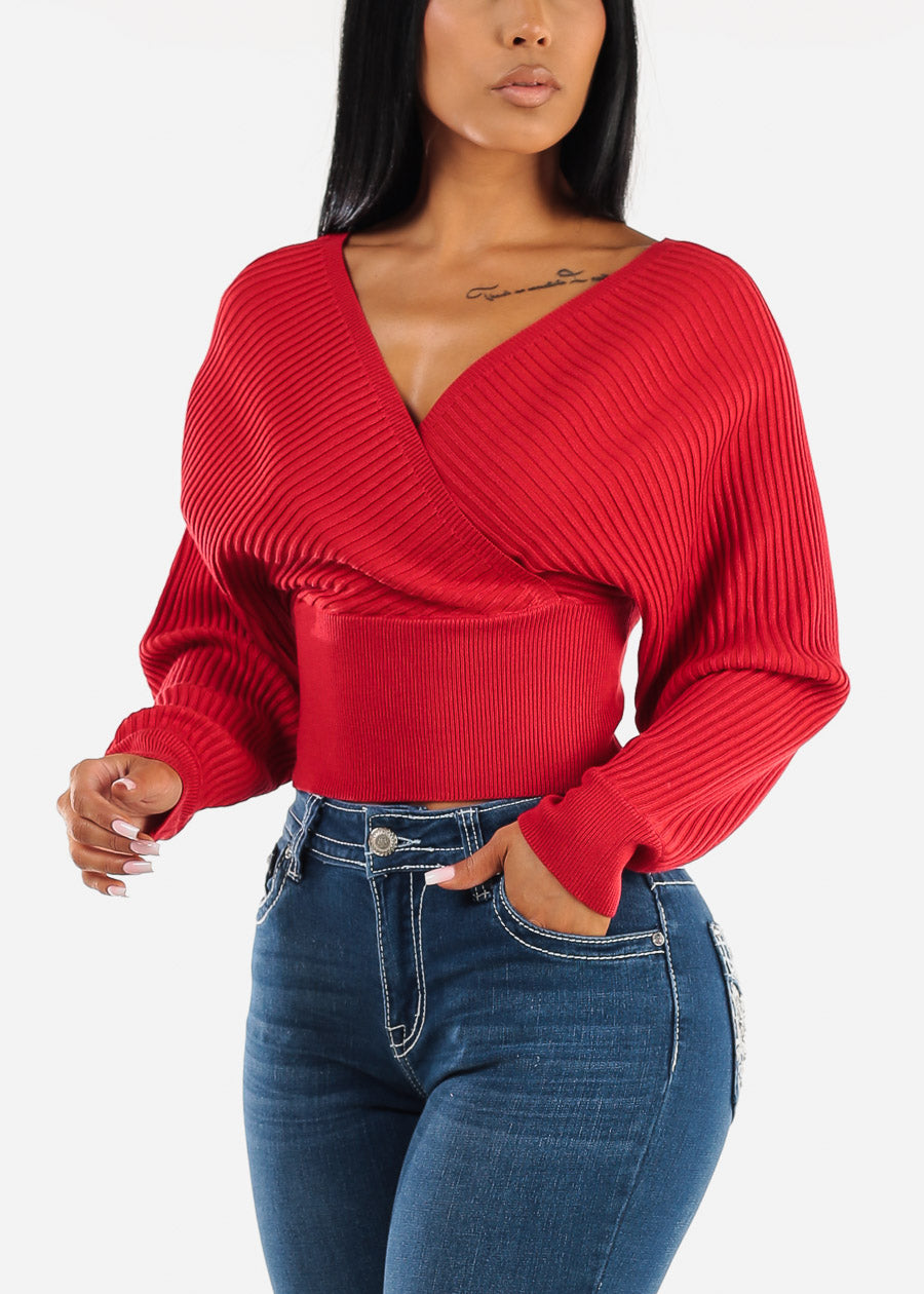 Long Sleeve Surplice Knit Sweater Top Red