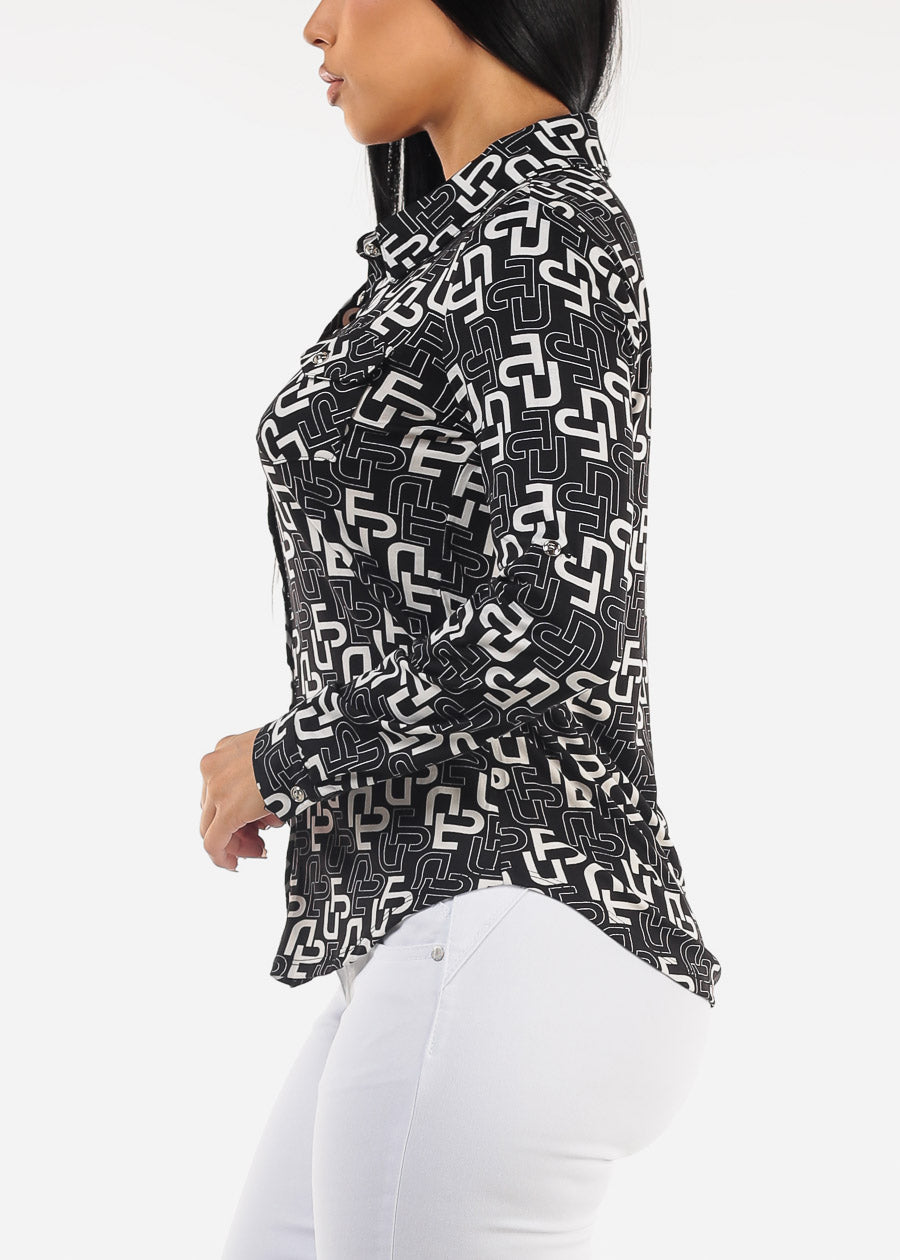 Black Long Sleeve Button Down Printed Blouse