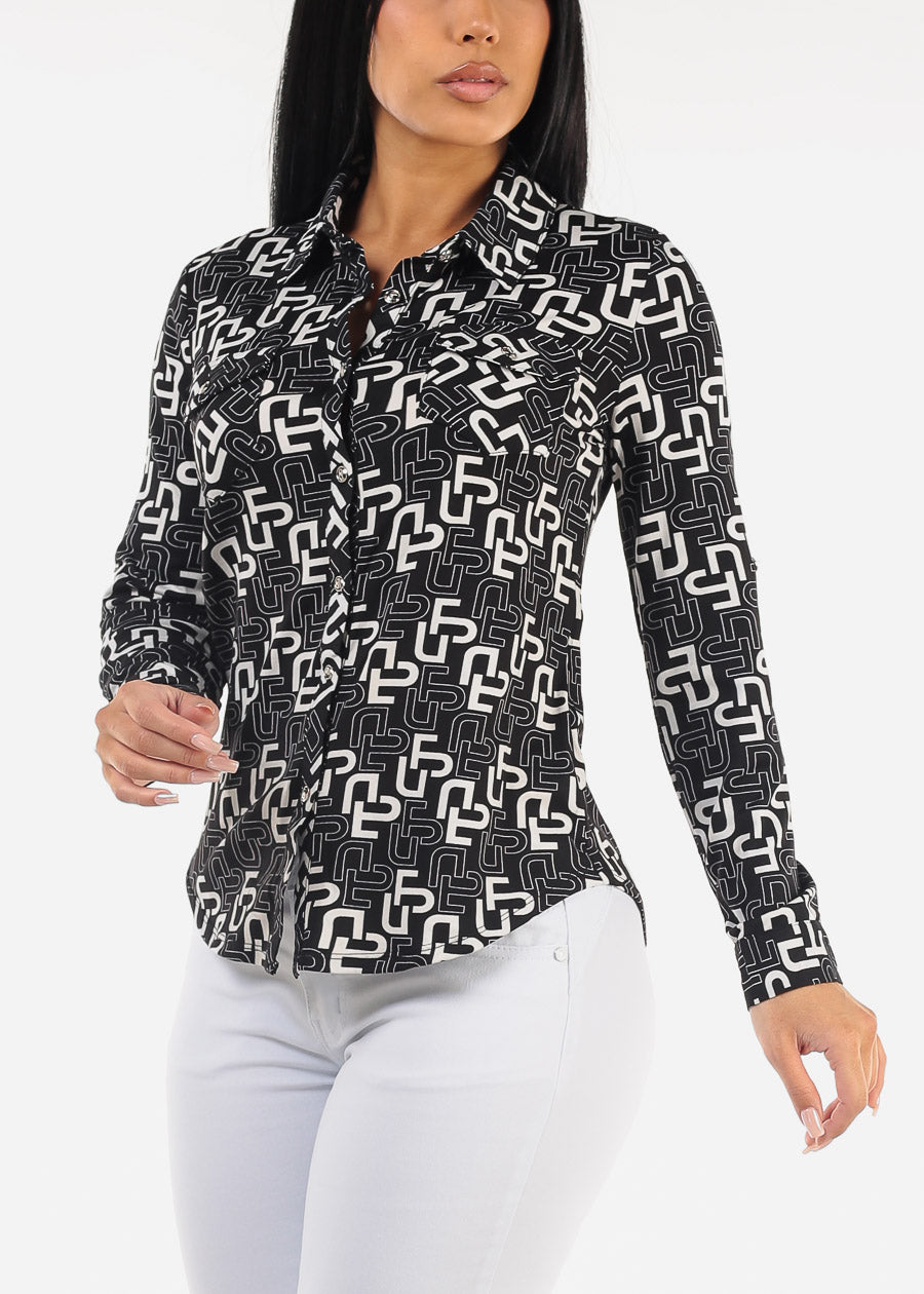 Black Long Sleeve Button Down Printed Blouse