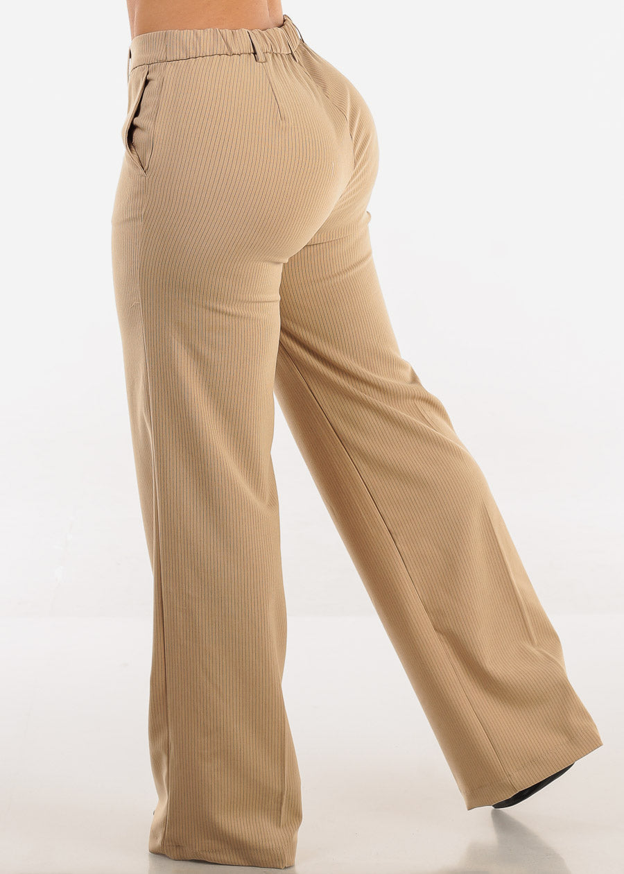 Super High Waist Stripe Straight Dressy Pants Khaki