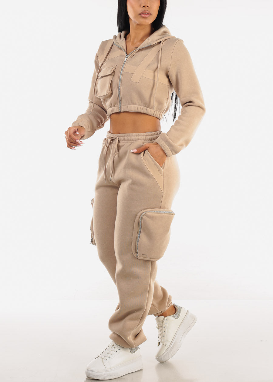 Cargo Jogger Sweatpants w Zipper Pockets Beige