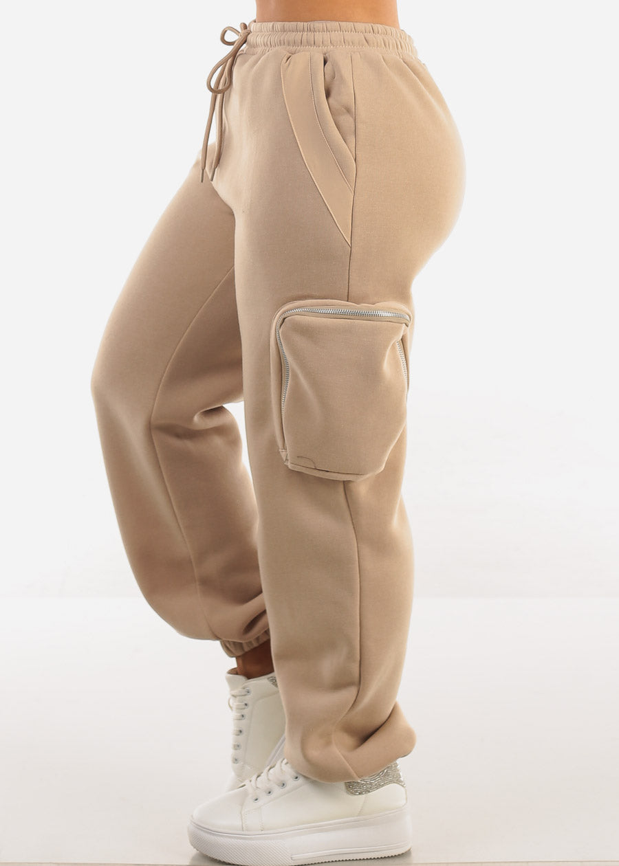 Cargo Jogger Sweatpants w Zipper Pockets Beige