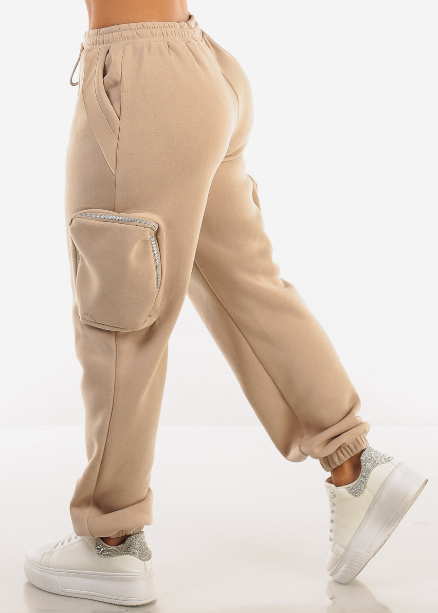 Cargo Jogger Sweatpants w Zipper Pockets Beige