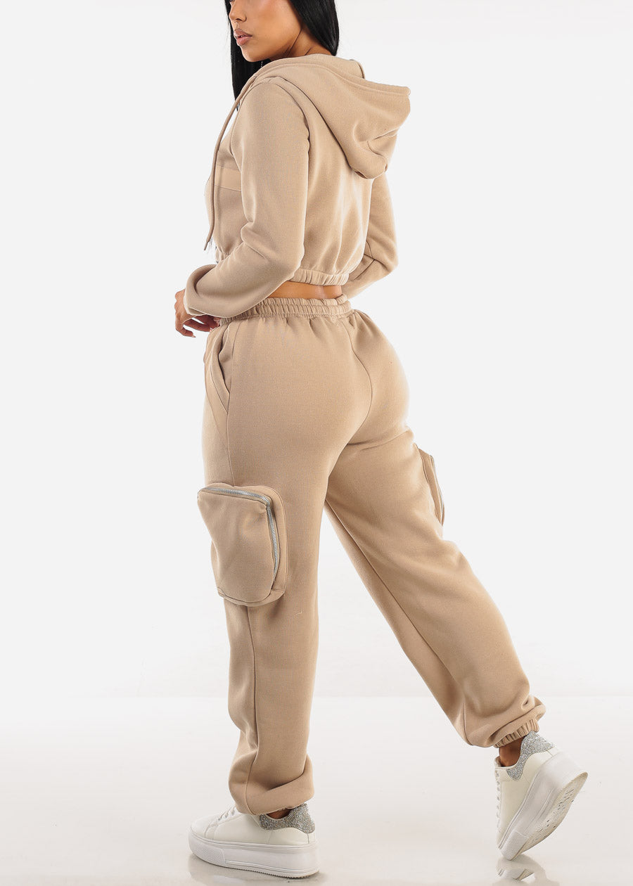 Cargo Jogger Sweatpants w Zipper Pockets Beige