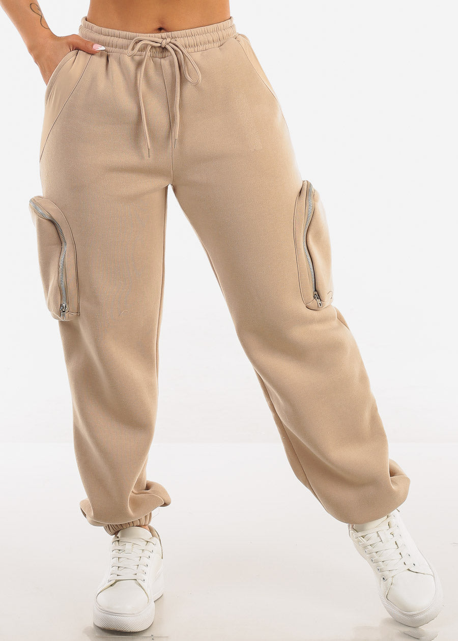 Cargo Jogger Sweatpants w Zipper Pockets Beige