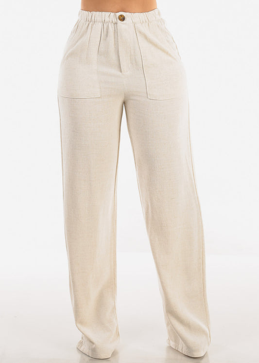 Linen High Rise Spandex Waist Wide Leg Pants Beige