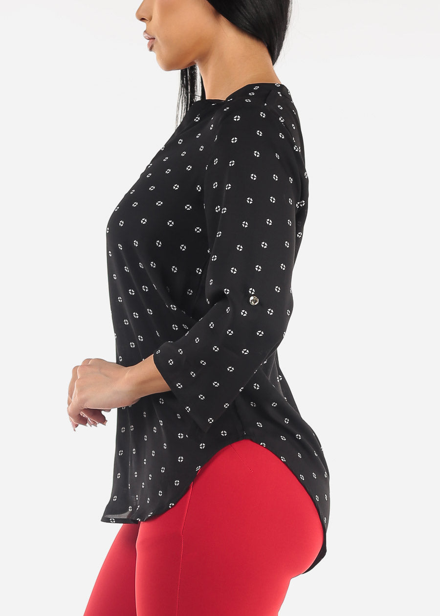 Black Quarter Sleeve V-Neck Printed Blouse