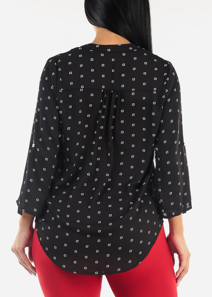 Black Quarter Sleeve V-Neck Printed Blouse