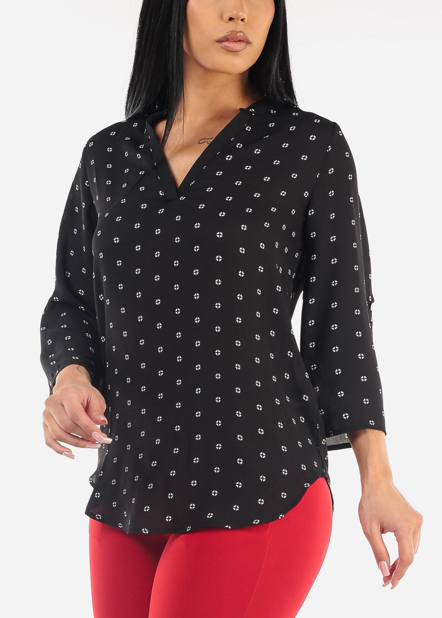 Black Quarter Sleeve V-Neck Printed Blouse