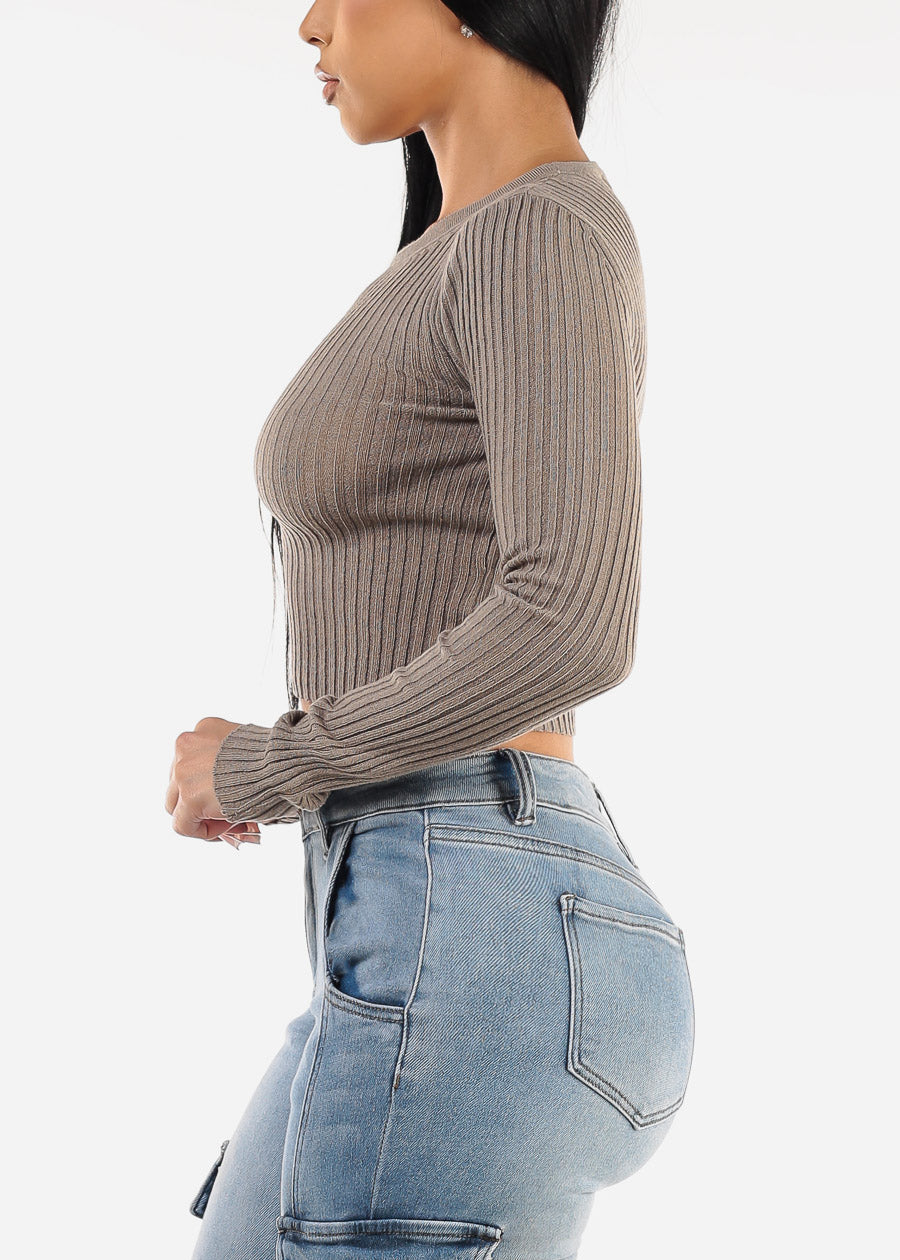 Long Sleeve Ribbed Sweater Top Taupe