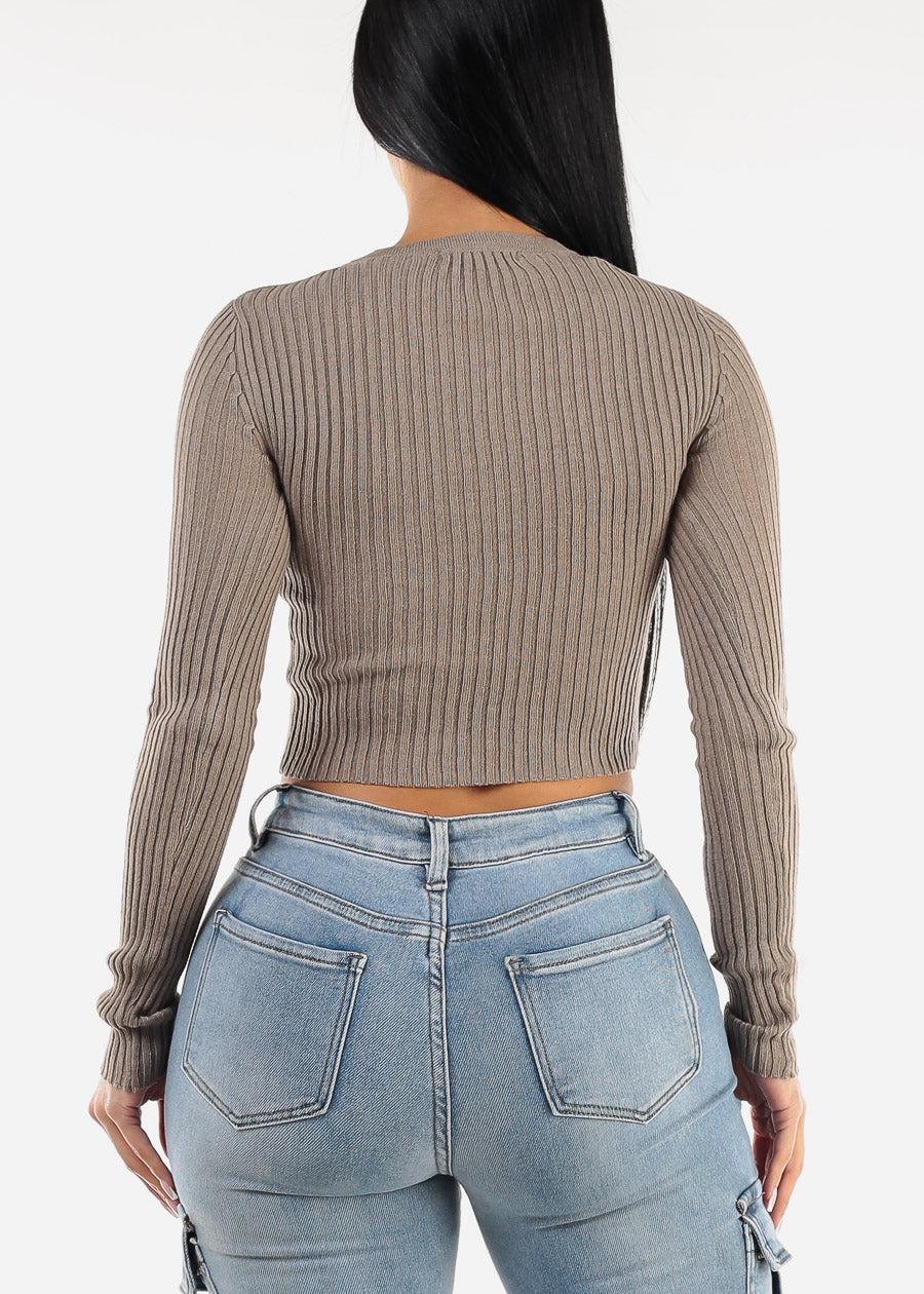 Long Sleeve Ribbed Sweater Top Taupe