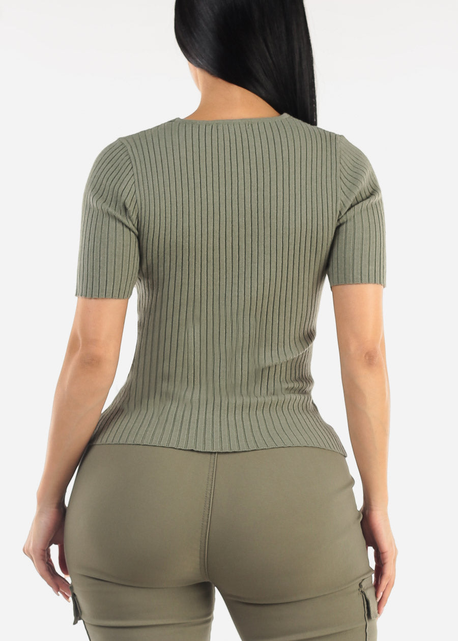 Short Sleeve V-Neck Rib Knit Sweater Top Light Olive