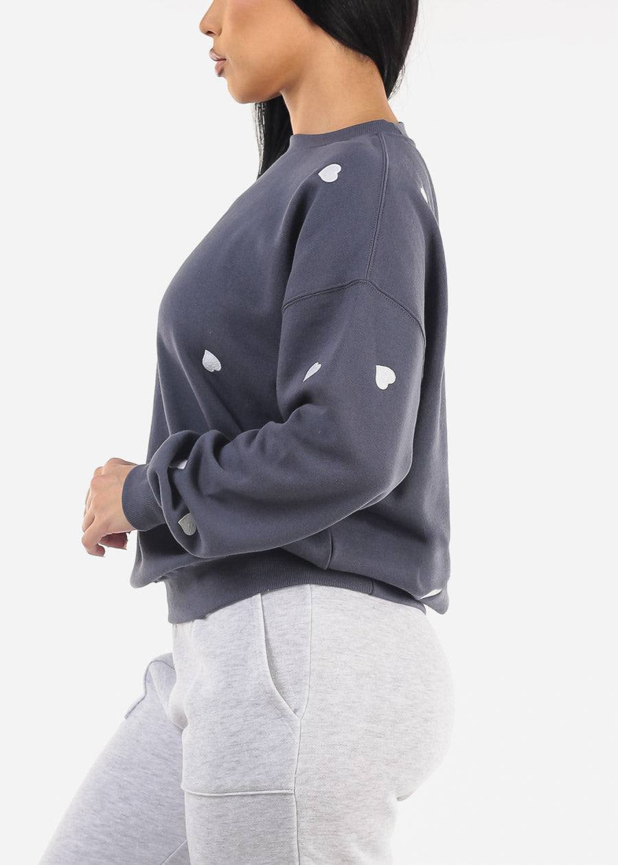 Long Sleeve Crewneck Fleece Sweatshirt Slate Blue "Hearts"