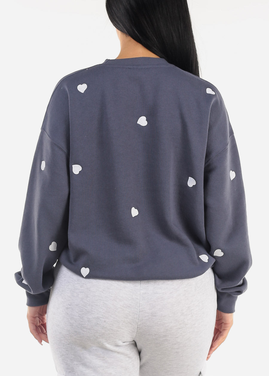 Long Sleeve Crewneck Fleece Sweatshirt Slate Blue "Hearts"