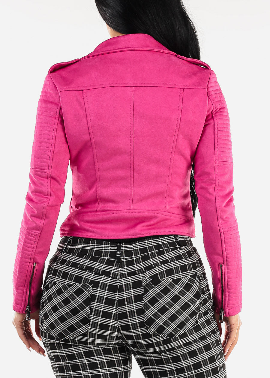 Long Sleeve Zip Up Suede Moto Jacket Hot Pink