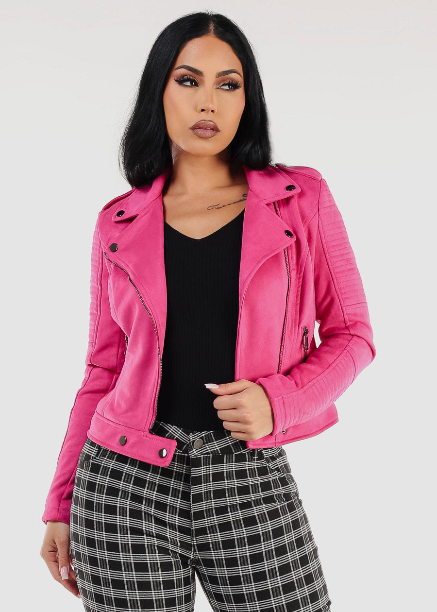 Long Sleeve Zip Up Suede Moto Jacket Hot Pink