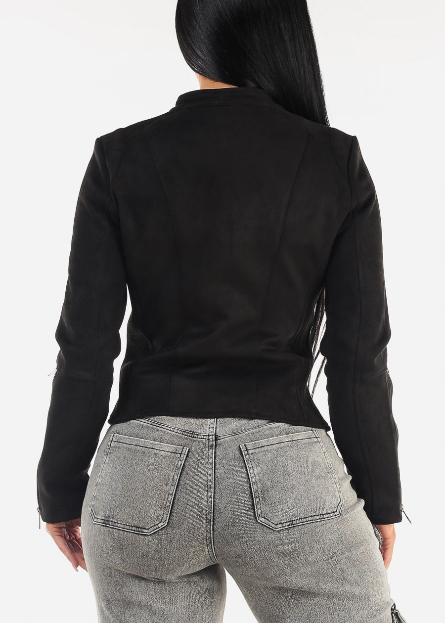 Black Zip Up Long Sleeve Suede Jacket