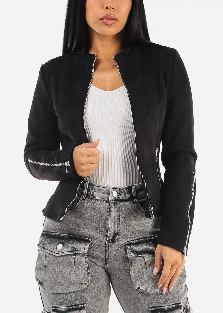 Black Zip Up Long Sleeve Suede Jacket