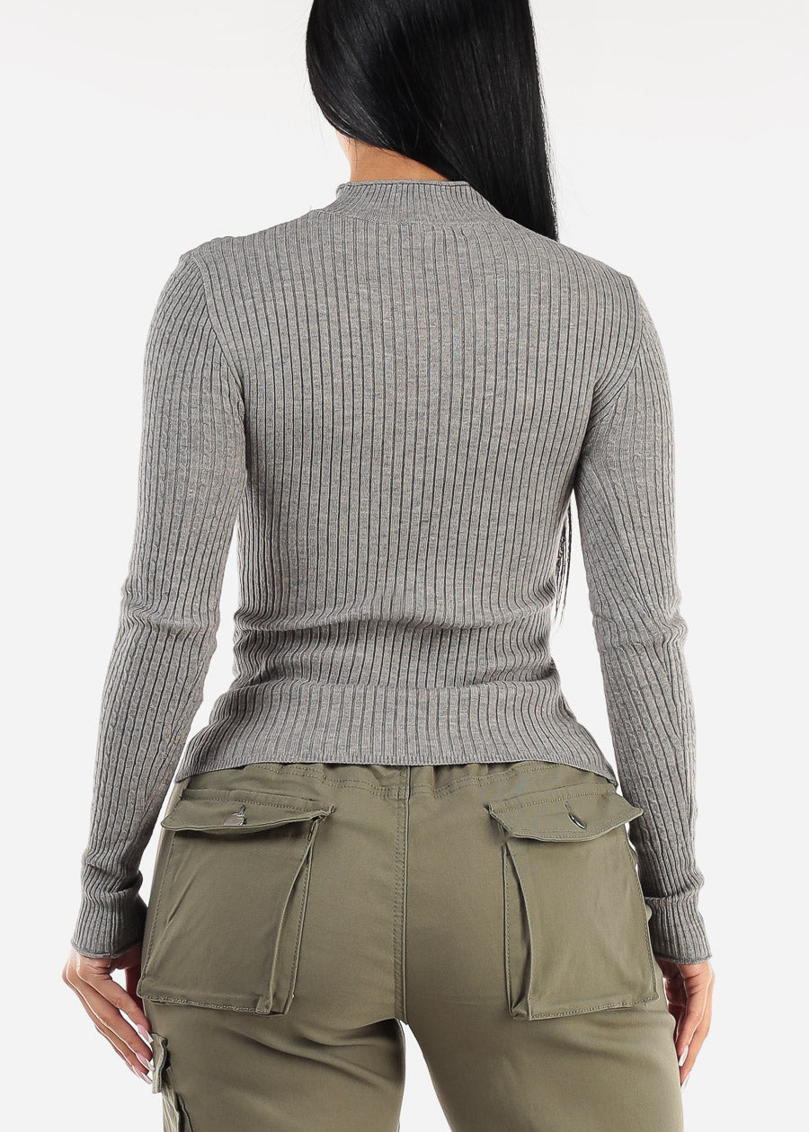 Fitted Long Sleeve Rib Knit Sweater Grey