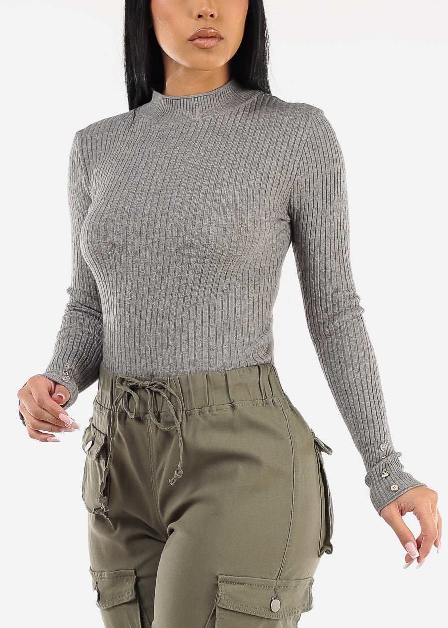 Fitted Long Sleeve Rib Knit Sweater Grey