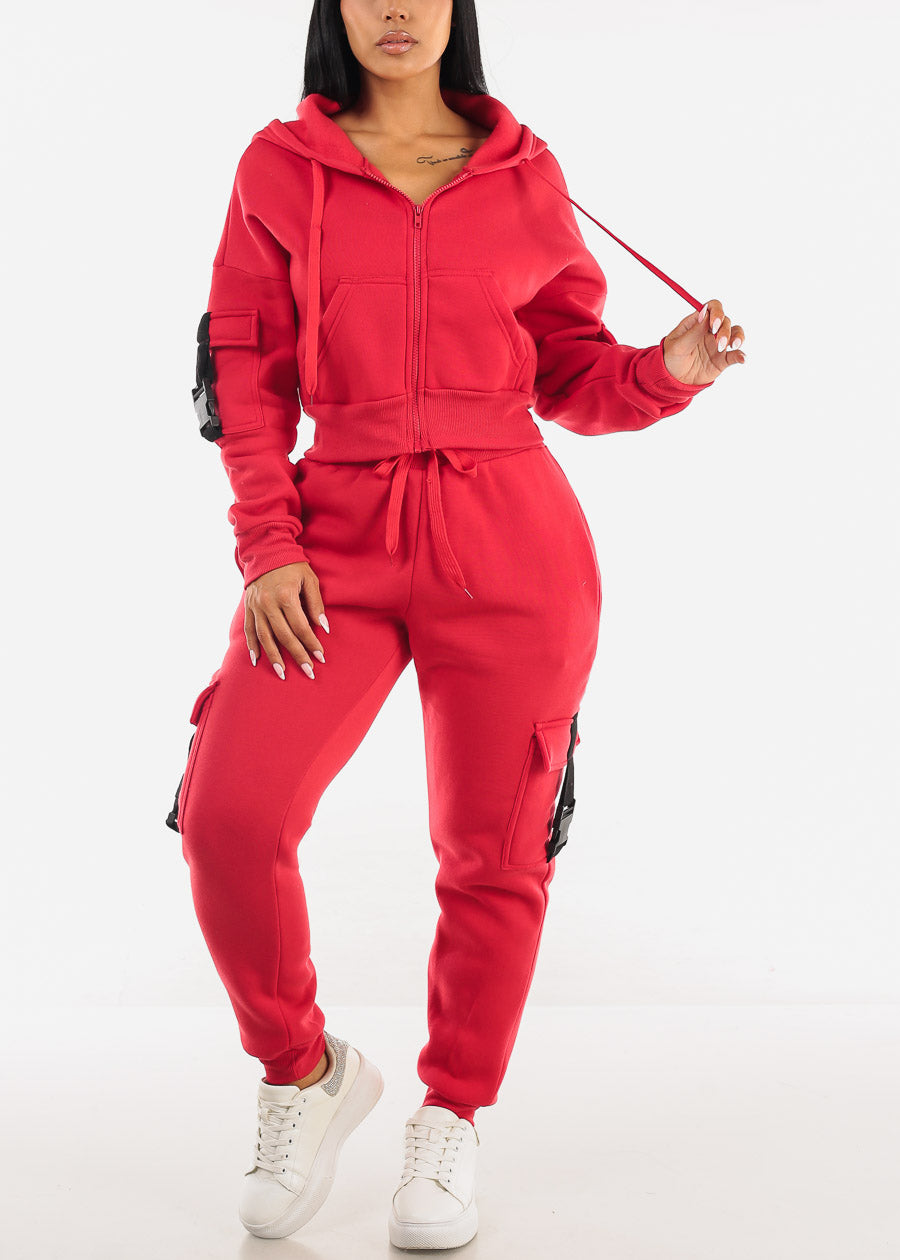 Red Cropped Zip Up Fleece Hoody