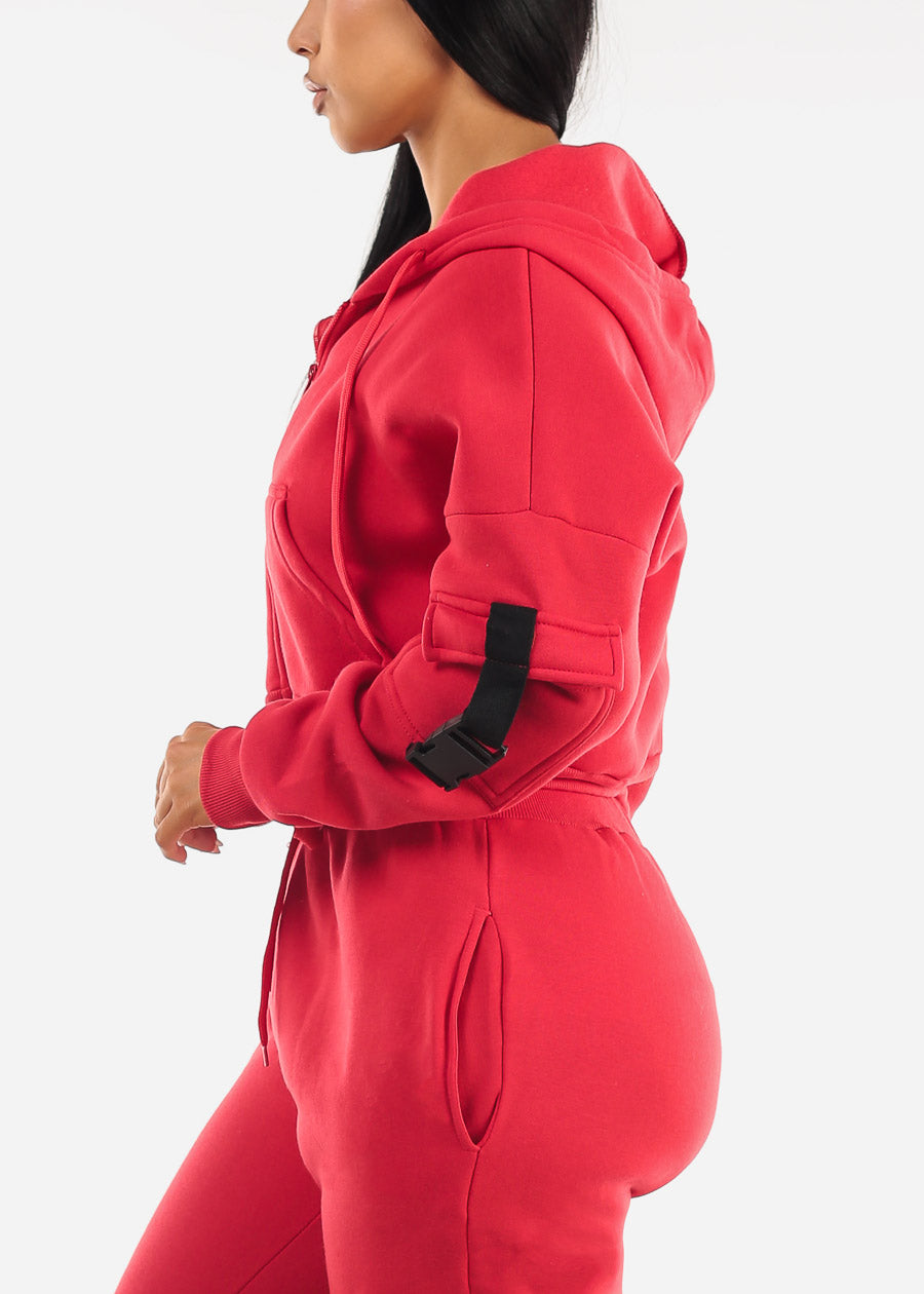 Red Cropped Zip Up Fleece Hoody