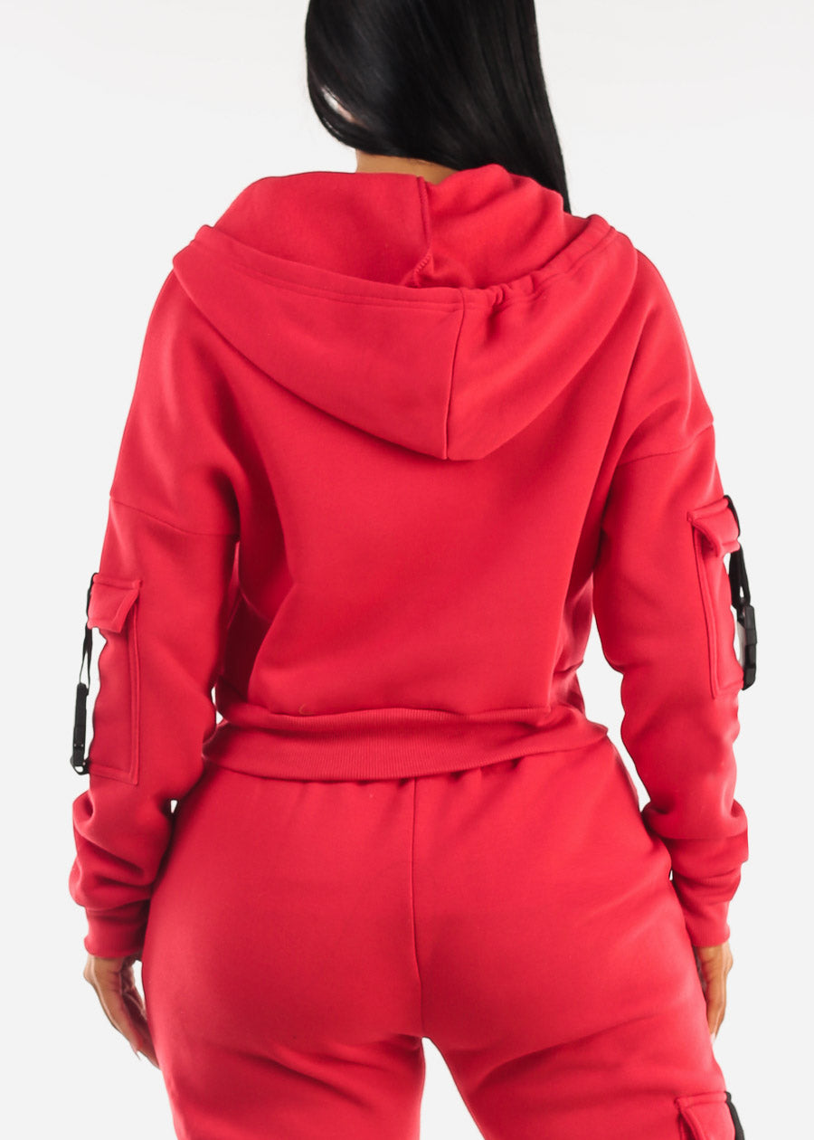 Red Cropped Zip Up Fleece Hoody