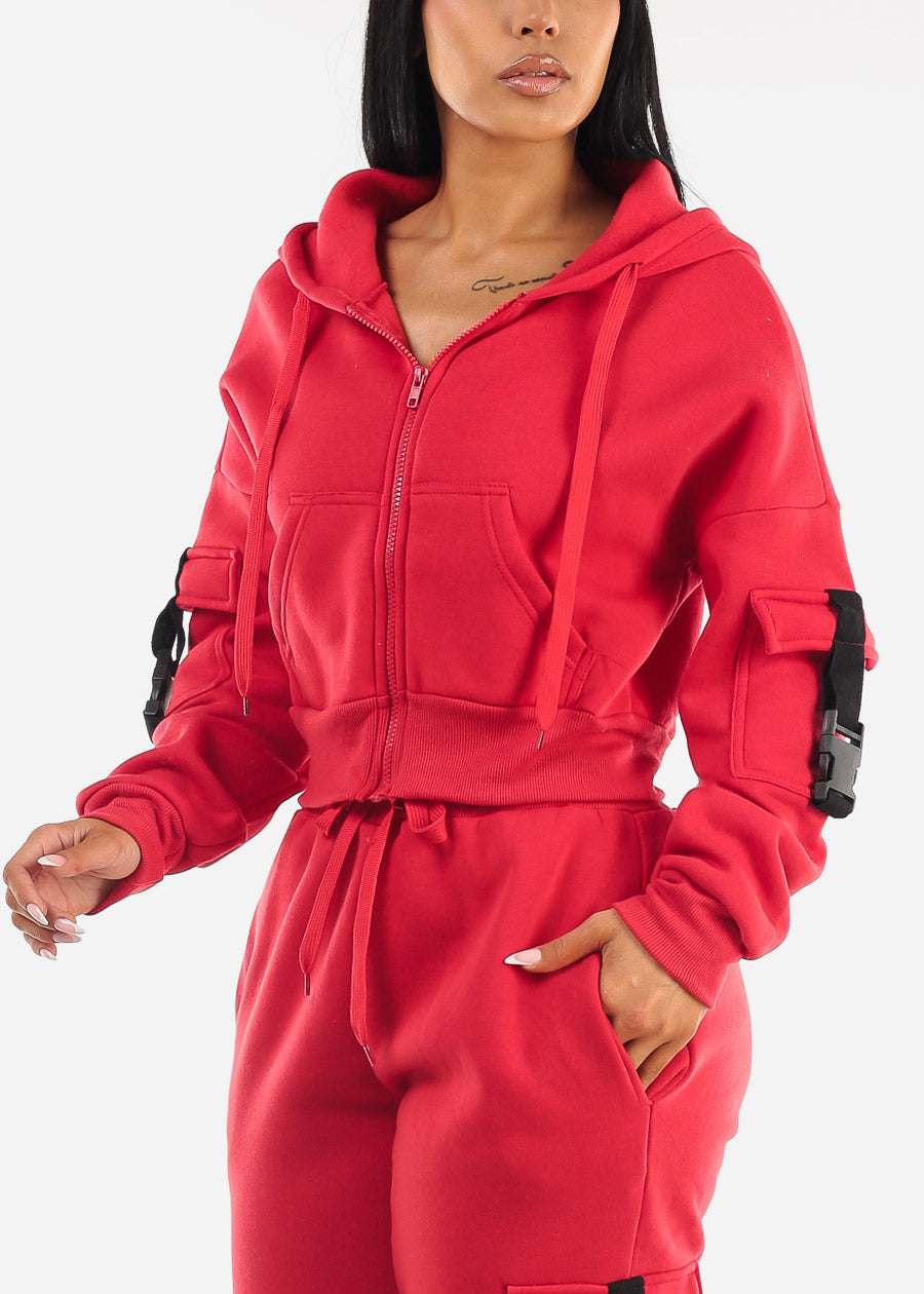 Red Cropped Zip Up Fleece Hoody