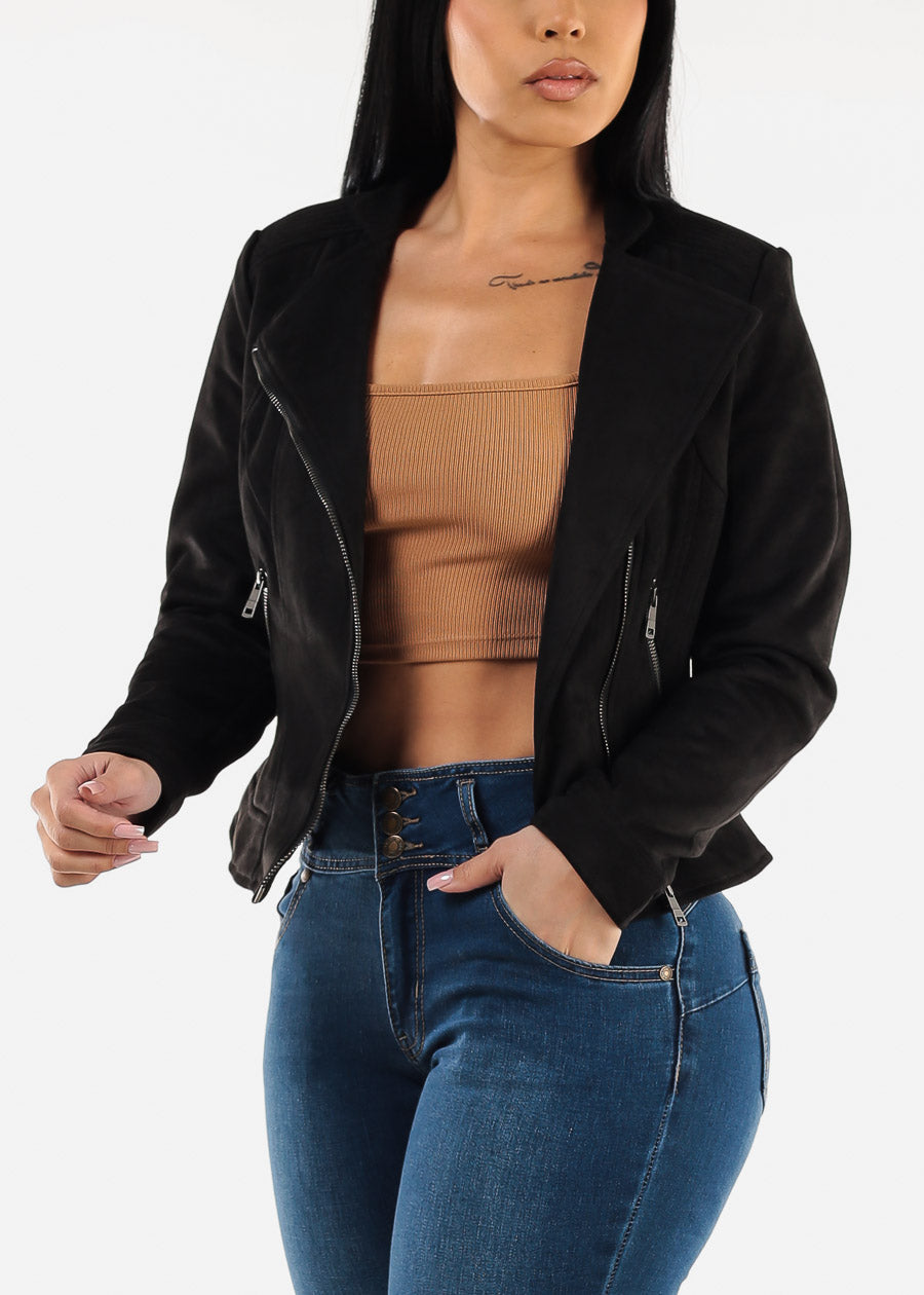 Long Sleeve Black Suede Moto Jacket