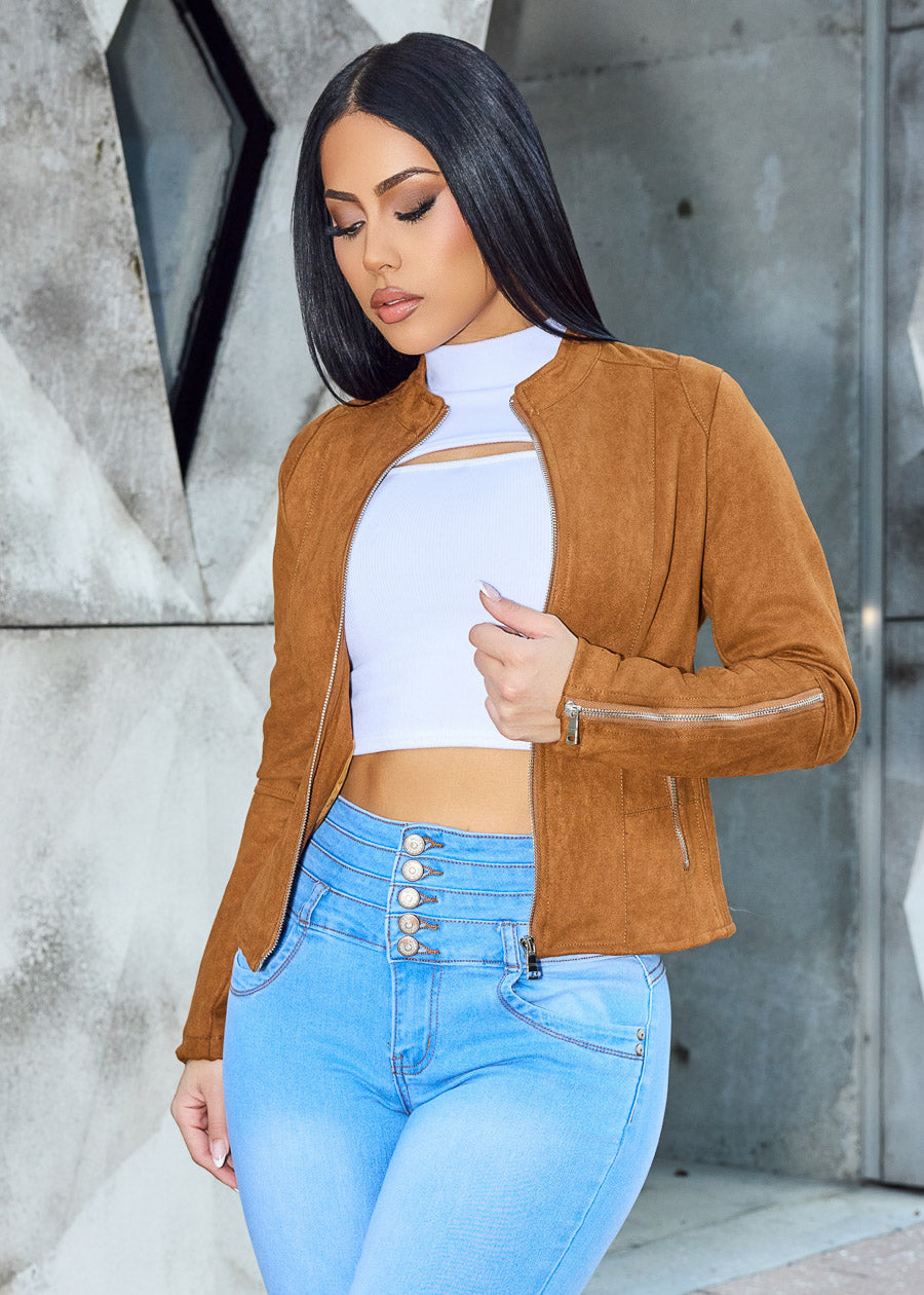 Zip Up Long Sleeve Suede Jacket Camel