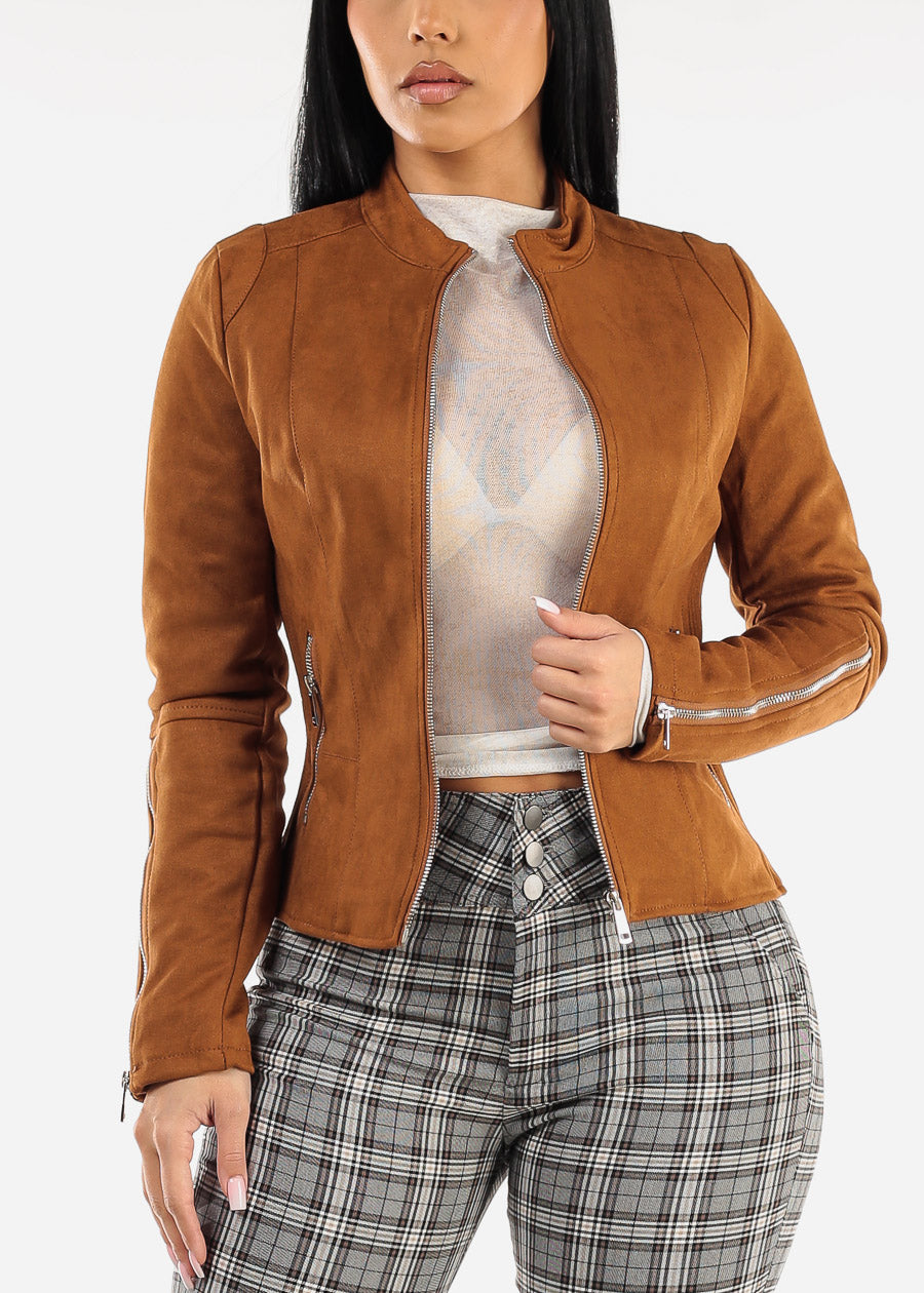 Zip Up Long Sleeve Suede Jacket Camel