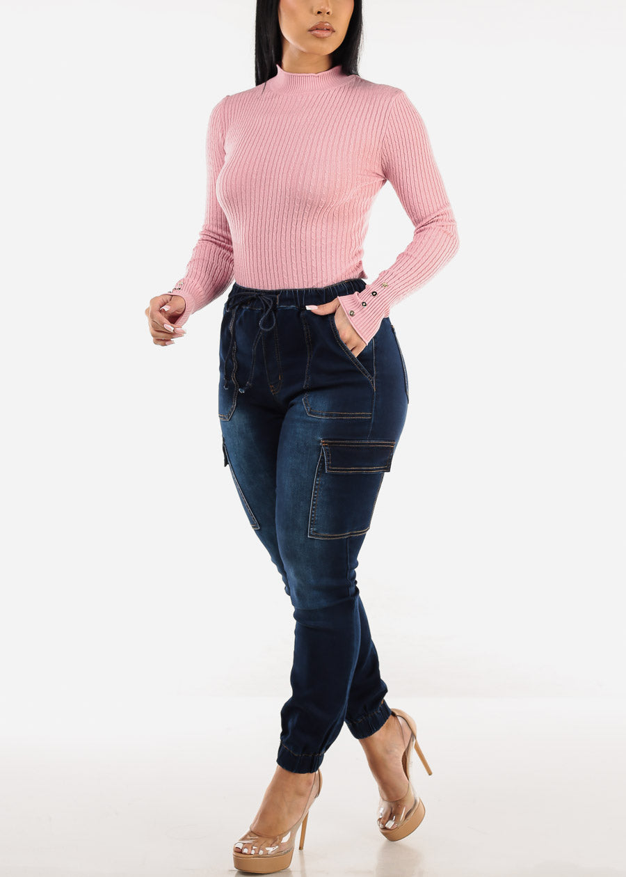 Fitted Long Sleeve Rib Knit Sweater Light Pink