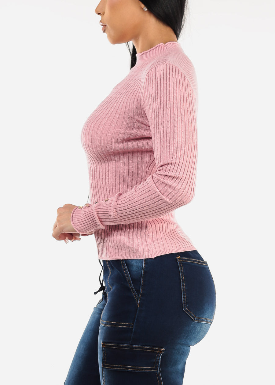 Fitted Long Sleeve Rib Knit Sweater Light Pink