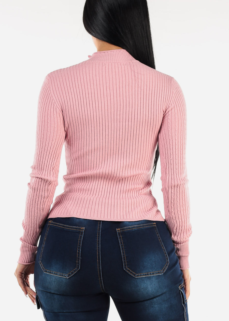 Fitted Long Sleeve Rib Knit Sweater Light Pink