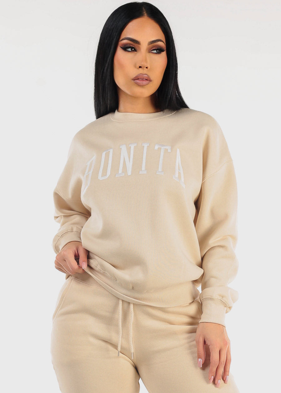 Relaxed Fit Fleece Sweatshirt Beige 