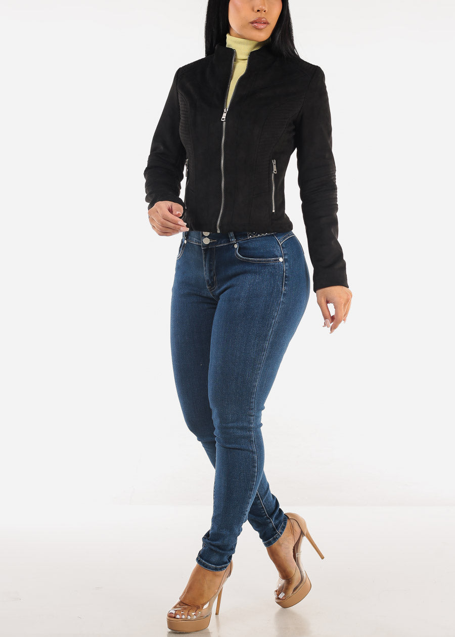 Long Sleeve Suede Zip Up Black Jacket