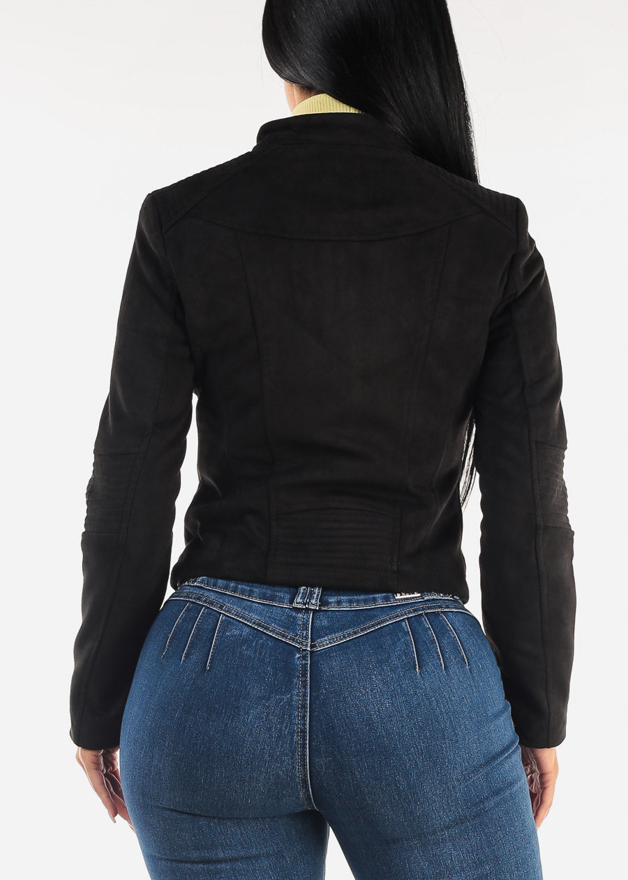 Long Sleeve Suede Zip Up Black Jacket