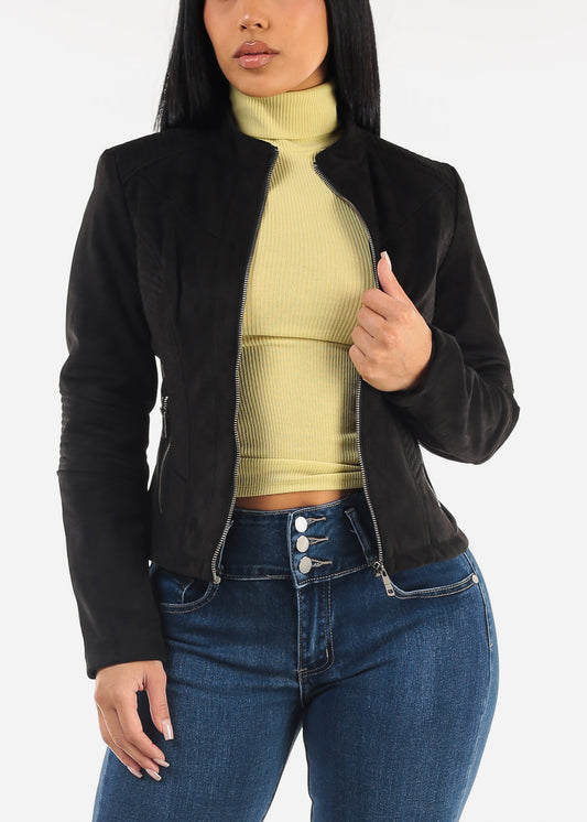 Long Sleeve Suede Zip Up Black Jacket