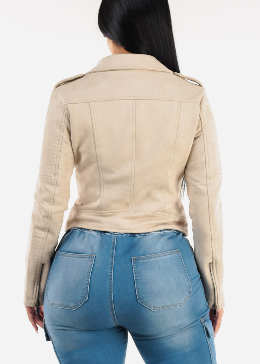 Long Sleeve Zip Up Suede Moto Jacket Cream