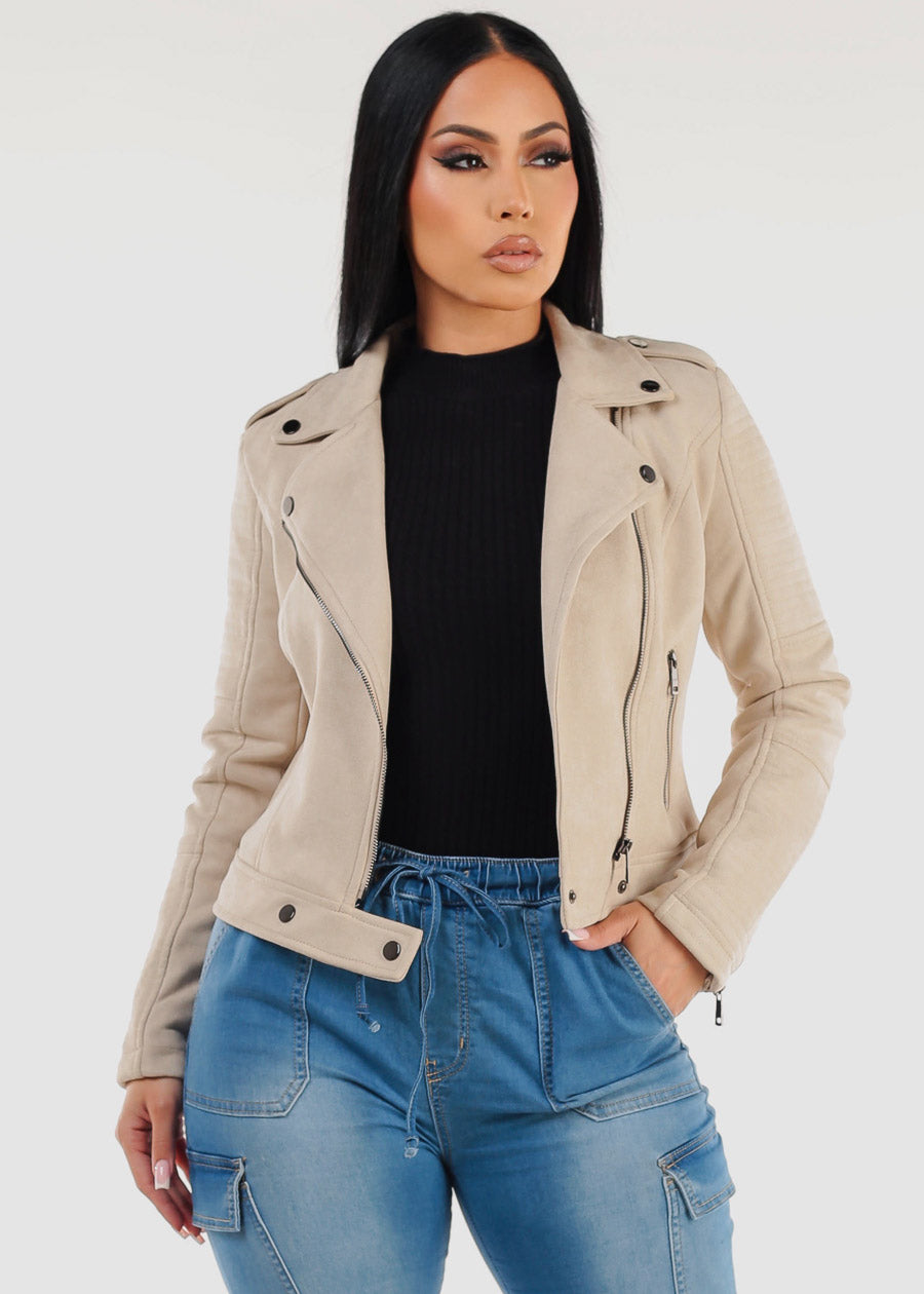 Long Sleeve Zip Up Suede Moto Jacket Cream