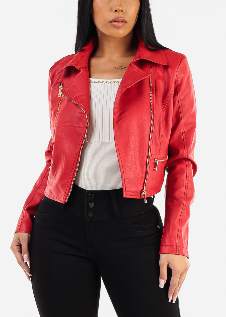 Long Sleeve Vegan Leather Crop Moto Jacket Red