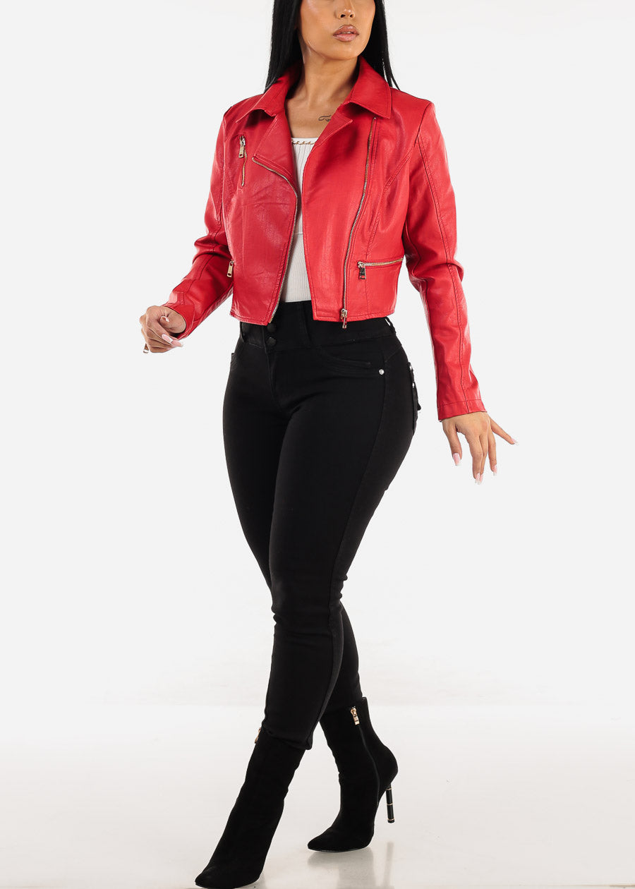 Long Sleeve Vegan Leather Crop Moto Jacket Red