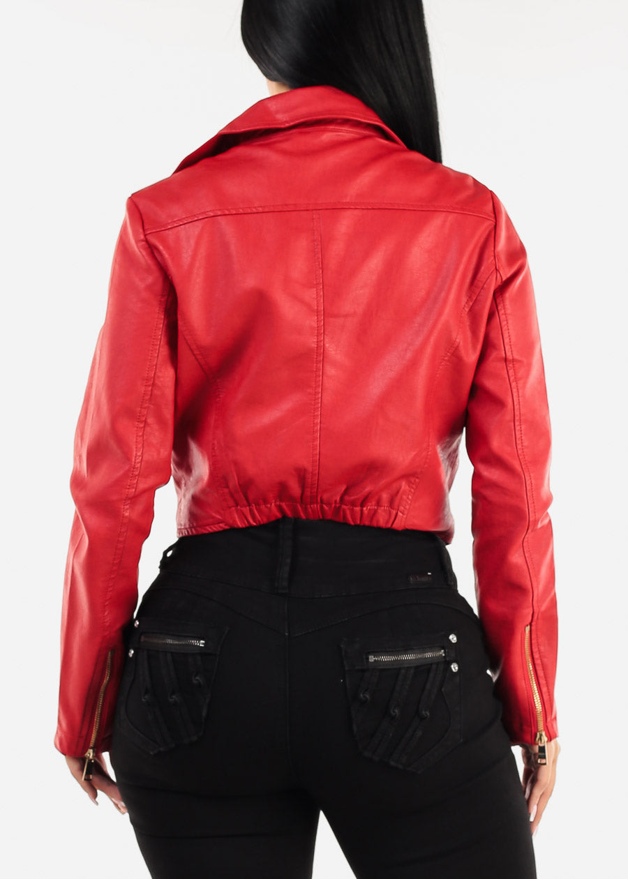 Long Sleeve Vegan Leather Crop Moto Jacket Red