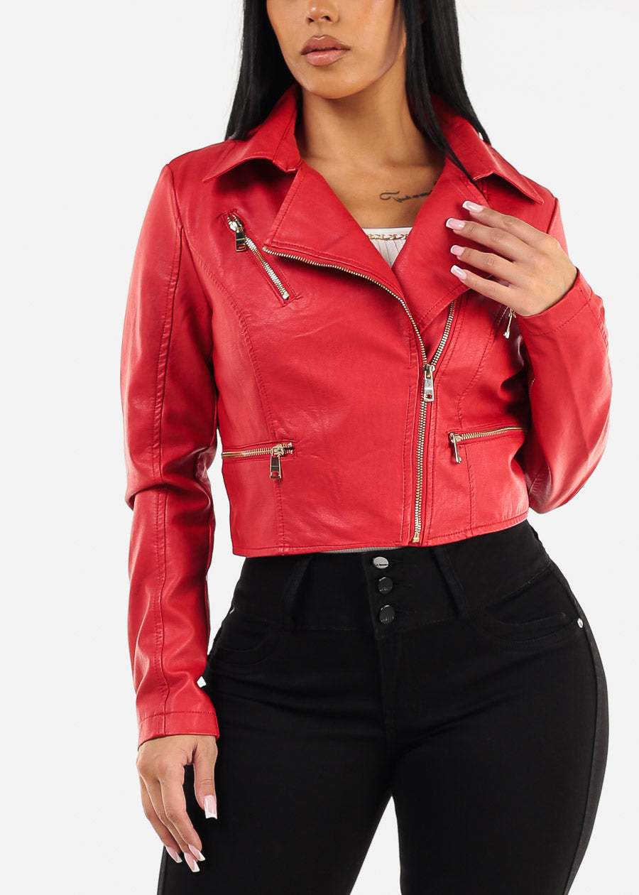 Long Sleeve Vegan Leather Crop Moto Jacket Red